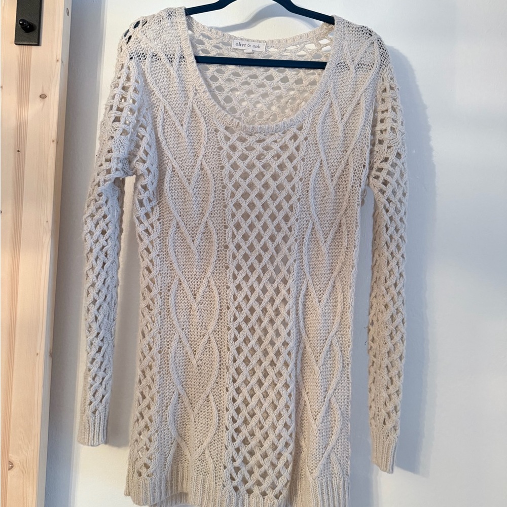 Olive & Oak Openwork Cable-Knit Scoop Neck Sweater in Cream